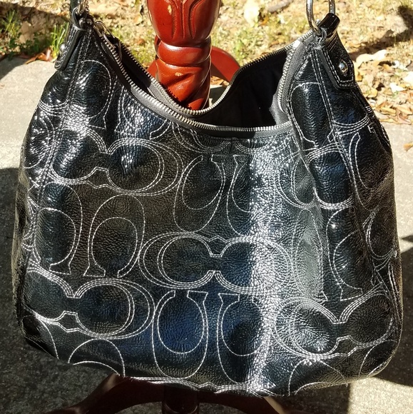 Black Patent Leather Bag with Embroidered Coach Cs - Picture 2 of 6